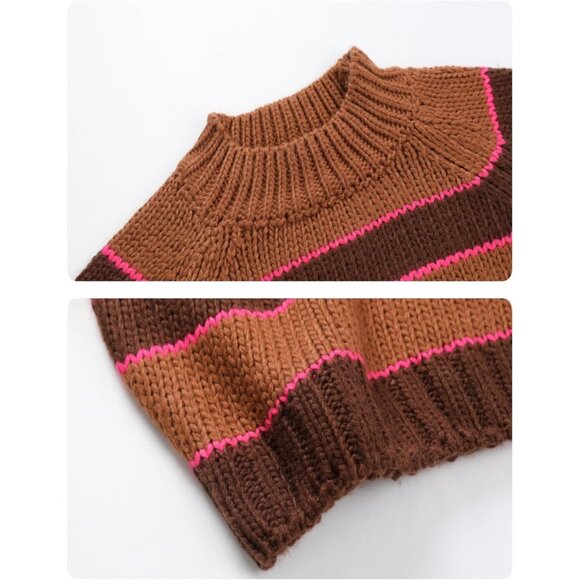 Chic Brown Stripe Turtleneck Sweater for Women - Cozy Fall Winter Knitwear - Picture 7 of 8